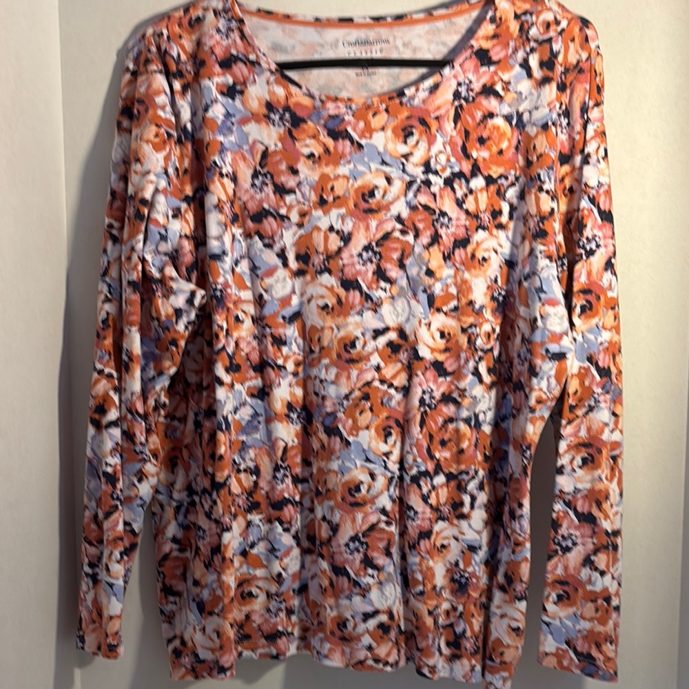 Croft & Barrow Graphic Long Sleeve Blouse Orange and Brown